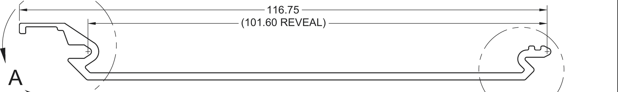 Dimensioned section drawing of the 4″ profile panel: 116.75 mm overall, 101.60 mm reveal